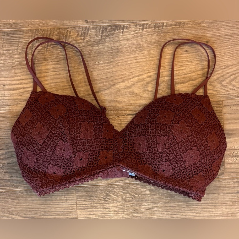 Aerie 34D Lace Wireless Bra Bronze Brown Padded Adjustable Straps Back Clasp